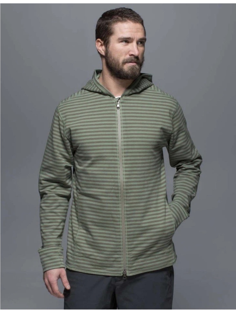 Lululemon Rival Hoodie Narrow Bold Stripe‎ Pomelo Mens XL Green Full Zip Casual